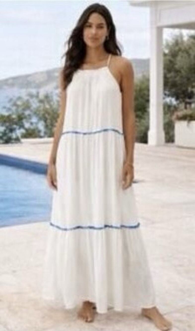 Rachel Zoe White Cotton Tiered Maxi Dress Halter Smocked Boho, Coastal Sz 4
